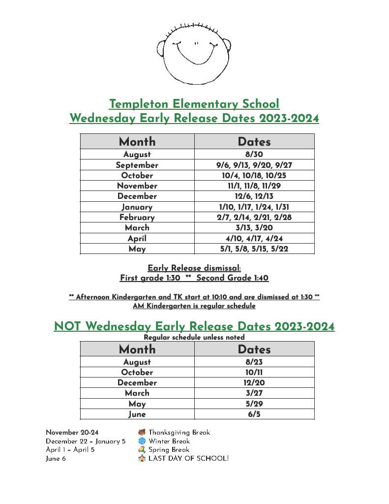 2023-2024 TES Early Release Dates